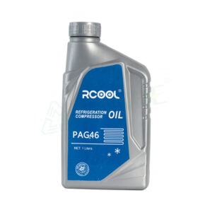 RCOOL PAG46 refrigerant oil bottle for HVAC refrigeration compressors, 1-liter capacity, suitable for air conditioning systems.